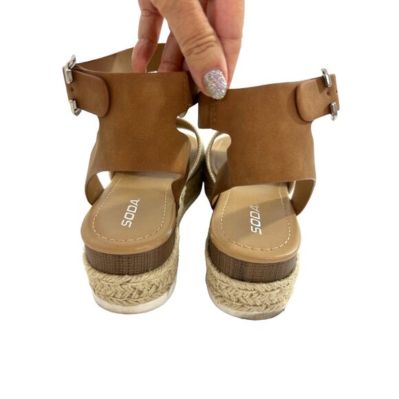 Soda Tuckin Sandals 9 Espadrilles Wedge Platform Tan Brown Ankle Strap Open Toe - Picture 4 of 14